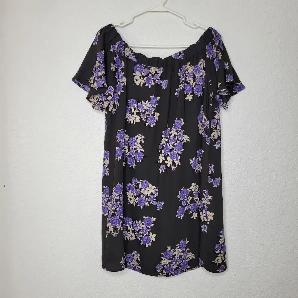 19 Cooper Size Large Purple Black Floral Off the Shoulder Shift Mini Dress - Picture 2 of 7